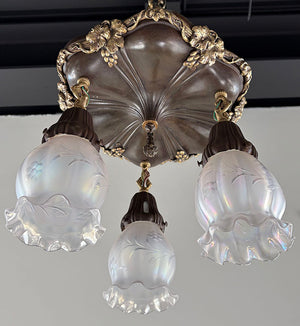 Antique Circa 1910 Sheffeild Embossed Flush Mount with Cast Grape Leaf Border and Original Iridescent Ruffled Edge Shades