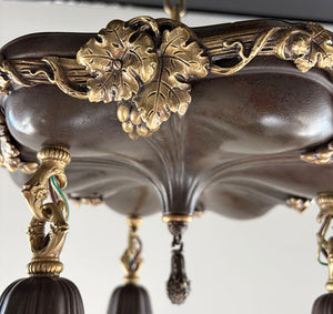 Antique Circa 1910 Sheffeild Embossed Flush Mount with Cast Grape Leaf Border and Original Iridescent Ruffled Edge Shades