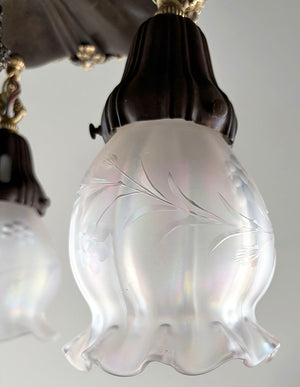 Antique Circa 1910 Sheffeild Embossed Flush Mount with Cast Grape Leaf Border and Original Iridescent Ruffled Edge Shades
