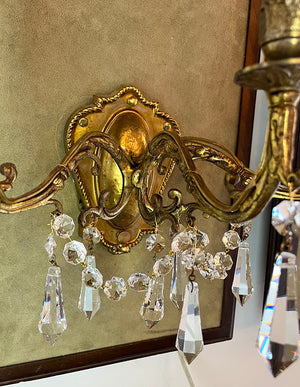 $900 PAIR - Antique Circa 1910 Three Light Candelabra Brass and Crystal Wall Sconces with Original Gilt Finish