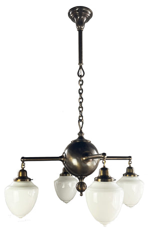 Antique Circa 1910 Four Light Commerical Edwardian Four Light with Sphere Center Body and Opal Acorn Shades