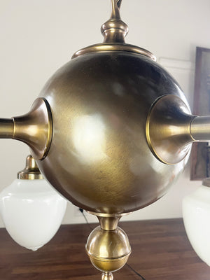 Antique Circa 1910 Four Light Commerical Edwardian Four Light with Sphere Center Body and Opal Acorn Shades