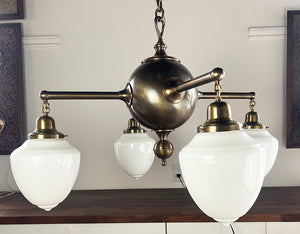 Antique Circa 1910 Four Light Commerical Edwardian Four Light with Sphere Center Body and Opal Acorn Shades