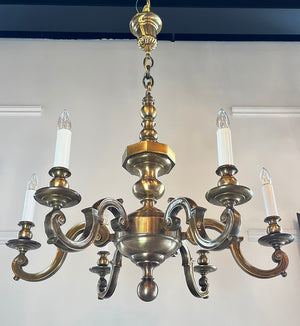 Grand 32" Diameter Antique 1910 Edwardian Cast Bronze Six Light Chandelier