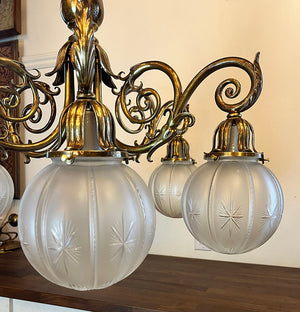 Grand Antique Circa 1900 Beaux Arts Edwardian Cast Brass and Bronze Six Light Scroll Arm Chandelier with Original Star Cut Shades