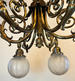 Grand Antique Circa 1900 Beaux Arts Edwardian Cast Brass and Bronze Six Light Scroll Arm Chandelier with Original Star Cut Shades