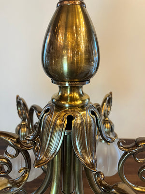 Grand Antique Circa 1900 Beaux Arts Edwardian Cast Brass and Bronze Six Light Scroll Arm Chandelier with Original Star Cut Shades