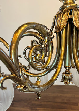 Grand Antique Circa 1900 Beaux Arts Edwardian Cast Brass and Bronze Six Light Scroll Arm Chandelier with Original Star Cut Shades