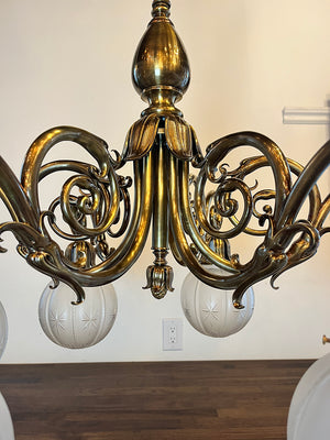 Grand Antique Circa 1900 Beaux Arts Edwardian Cast Brass and Bronze Six Light Scroll Arm Chandelier with Original Star Cut Shades