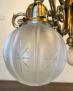 Grand Antique Circa 1900 Beaux Arts Edwardian Cast Brass and Bronze Six Light Scroll Arm Chandelier with Original Star Cut Shades