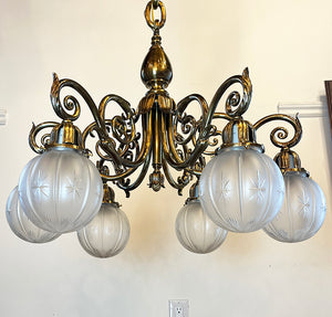 Grand Antique Circa 1900 Beaux Arts Edwardian Cast Brass and Bronze Six Light Scroll Arm Chandelier with Original Star Cut Shades