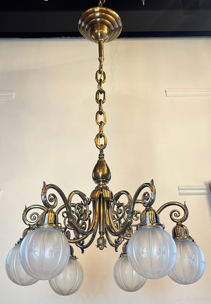 Grand Antique Circa 1900 Beaux Arts Edwardian Cast Brass and Bronze Six Light Scroll Arm Chandelier with Original Star Cut Shades
