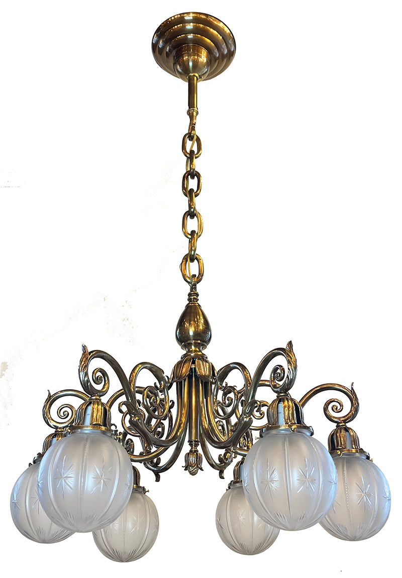 Grand Antique Circa 1900 Beaux Arts Edwardian Cast Brass and Bronze Six Light Scroll Arm Chandelier with Original Star Cut Shades