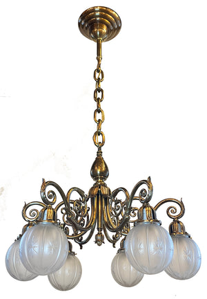 Grand Antique Circa 1900 Beaux Arts Edwardian Cast Brass and Bronze Six Light Scroll Arm Chandelier with Original Star Cut Shades