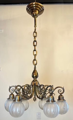 Grand Antique Circa 1900 Beaux Arts Edwardian Cast Brass and Bronze Six Light Scroll Arm Chandelier with Original Star Cut Shades
