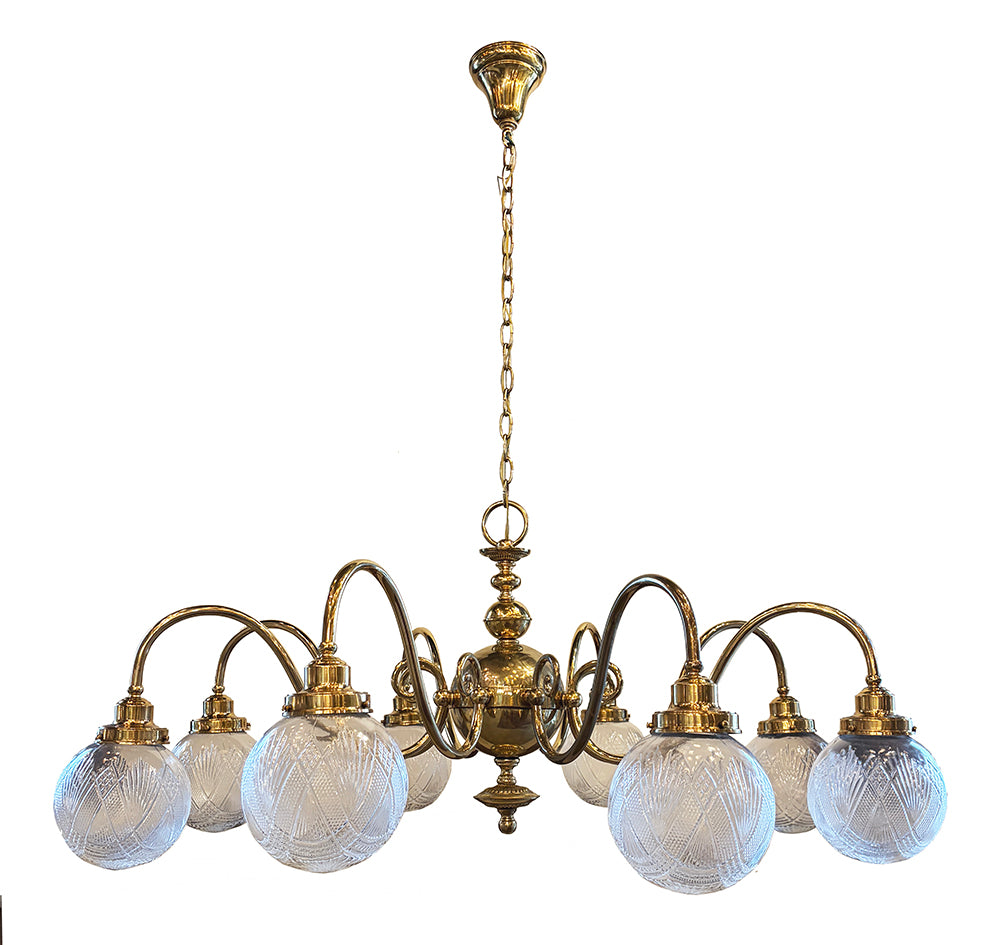 Grand 48" Diamenter Antique Circa 1905-10 Scroll Arm Edwardian Chandelier with Pressed Glass Ball Shades