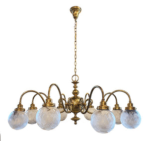 Grand 48" Diamenter Antique Circa 1905-10 Scroll Arm Edwardian Chandelier with Pressed Glass Ball Shades