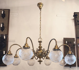 Grand 48" Diamenter Antique Circa 1905-10 Scroll Arm Edwardian Chandelier with Pressed Glass Ball Shades