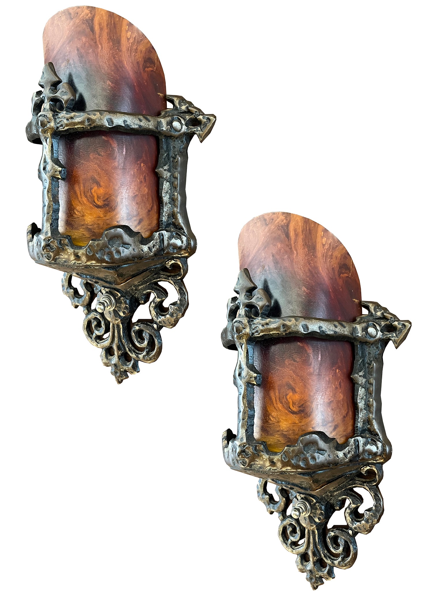 $800 PAIR - Circa 1925-30 Arts and Crafts, Spanish Revival Cast Slip Shade Wall Sconces with Bakelite shades