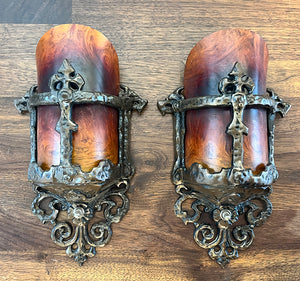 $800 PAIR - Circa 1925-30 Arts and Crafts, Spanish Revival Cast Slip Shade Wall Sconces with Bakelite shades