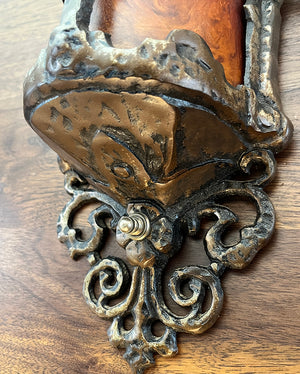 $800 PAIR - Circa 1925-30 Arts and Crafts, Spanish Revival Cast Slip Shade Wall Sconces with Bakelite shades