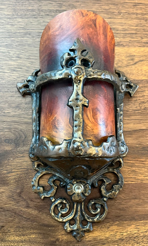 $800 PAIR - Circa 1925-30 Arts and Crafts, Spanish Revival Cast Slip Shade Wall Sconces with Bakelite shades