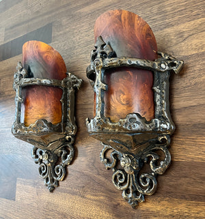 $800 PAIR - Circa 1925-30 Arts and Crafts, Spanish Revival Cast Slip Shade Wall Sconces with Bakelite shades