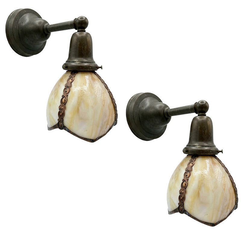 $850 PAIR - SET OF 4 SCONCES AVAILABLE - Antique Circa 1910 Transitional Arts and Crafts Edwardian Sconces with Original Slag Glass Shades