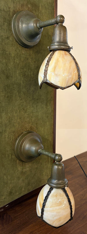 $850 PAIR - SET OF 4 SCONCES AVAILABLE - Antique Circa 1910 Transitional Arts and Crafts Edwardian Sconces with Original Slag Glass Shades