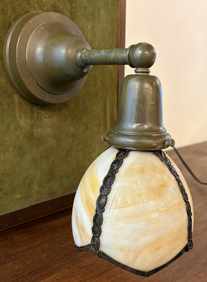 $850 PAIR - SET OF 4 SCONCES AVAILABLE - Antique Circa 1910 Transitional Arts and Crafts Edwardian Sconces with Original Slag Glass Shades