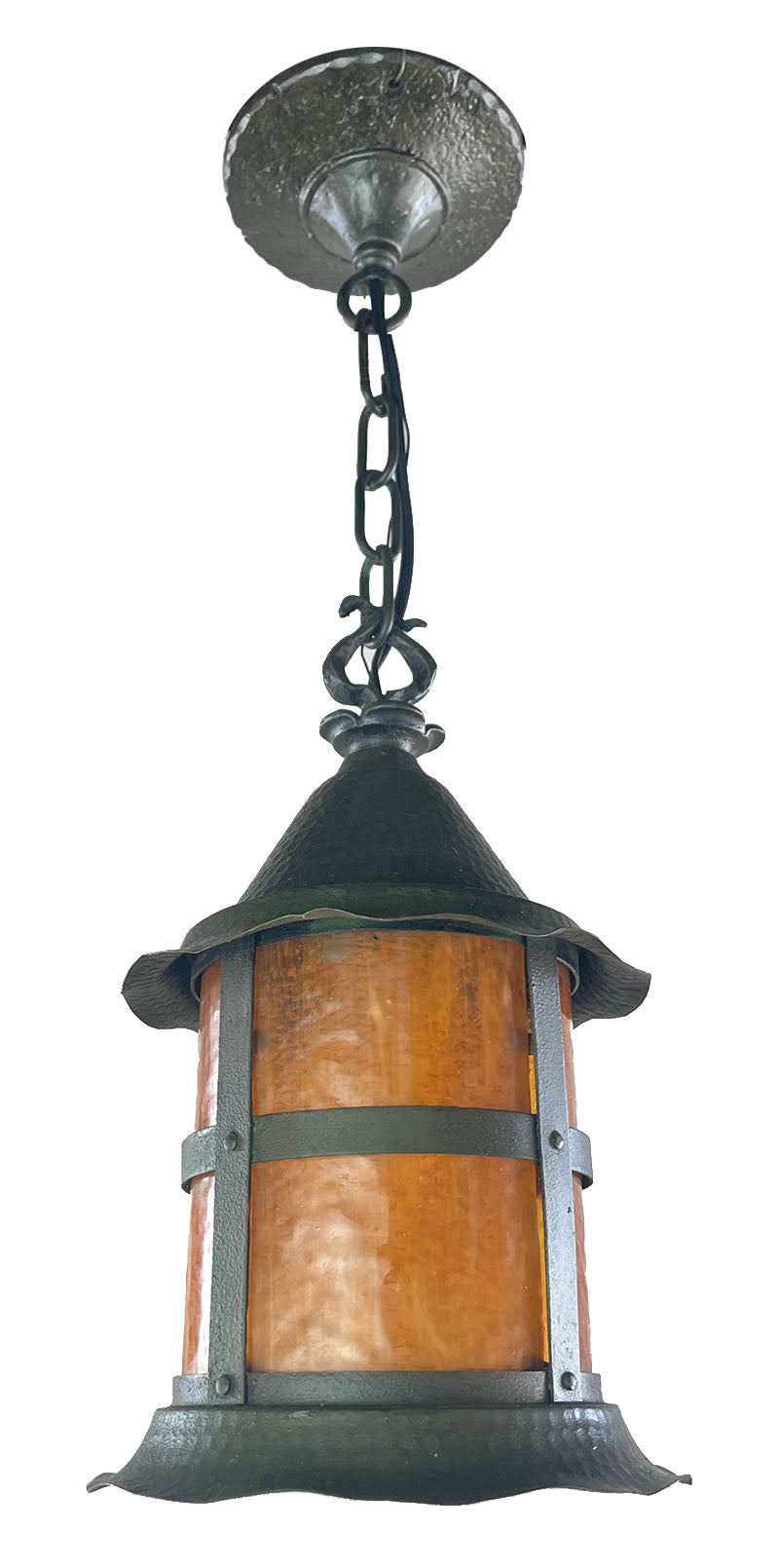 Antique Circa 1930 Hammered Copper Lantern with Verdegris Finish and Amber Glass Cylinder