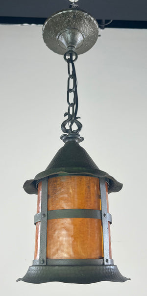 Antique Circa 1930 Hammered Copper Lantern with Verdegris Finish and Amber Glass Cylinder