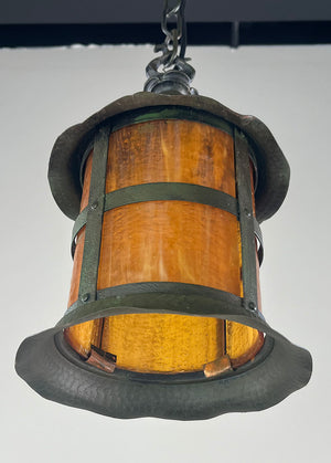 Antique Circa 1930 Hammered Copper Lantern with Verdegris Finish and Amber Glass Cylinder