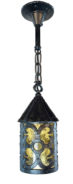 Antique Circa 1910 Rustic Arts and Crafts Cast Iron Lantern with Amber Glass