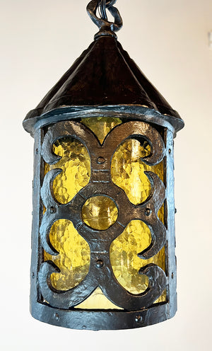 Antique Circa 1910 Rustic Arts and Crafts Cast Iron Lantern with Amber Glass