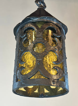 Antique Circa 1910 Rustic Arts and Crafts Cast Iron Lantern with Amber Glass
