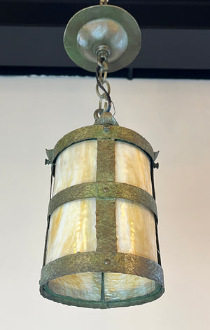 Antique Circa 1910 Arts adn Crafts Hammered Copper Lantern with Slag Glass Cyilinder
