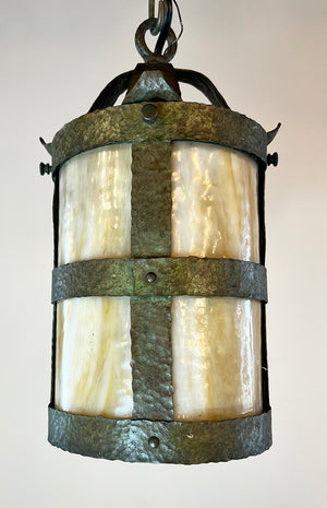 Antique Circa 1910 Arts adn Crafts Hammered Copper Lantern with Slag Glass Cyilinder