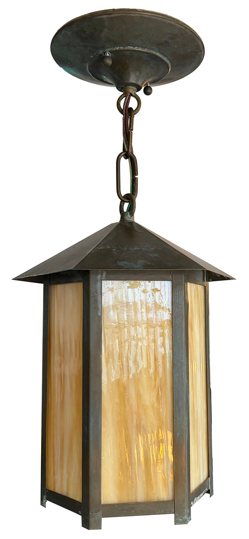 Antique Circa 1910 Arts and Crafts Six Sided Pendant with Butterscotch Slag Glass Panels