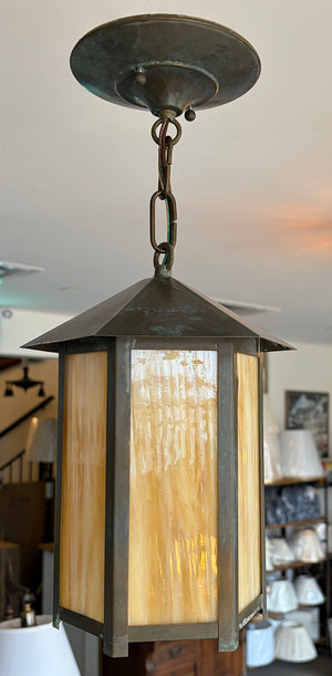 Antique Circa 1910 Arts and Crafts Six Sided Pendant with Butterscotch Slag Glass Panels