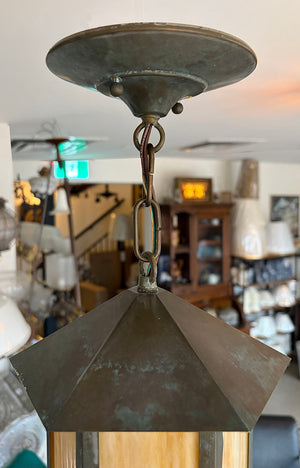 Antique Circa 1910 Arts and Crafts Six Sided Pendant with Butterscotch Slag Glass Panels