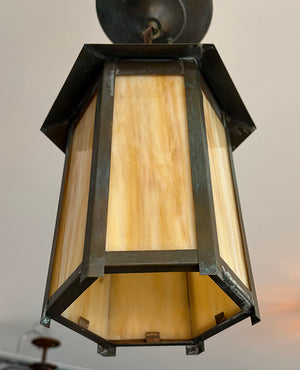 Antique Circa 1910 Arts and Crafts Six Sided Pendant with Butterscotch Slag Glass Panels