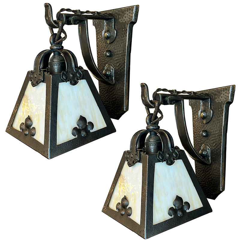 $1300 PAIR - Circa 1910 Hammered Cast Bronze Arts and Crafts Lantern Wall Sconces with Slag Glass Lantern Shades