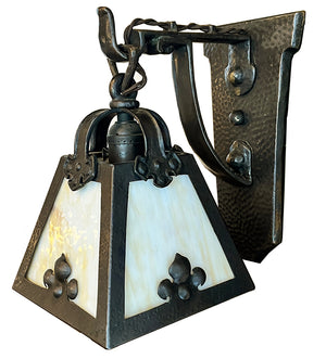 $1300 PAIR - Circa 1910 Hammered Cast Bronze Arts and Crafts Lantern Wall Sconces with Slag Glass Lantern Shades