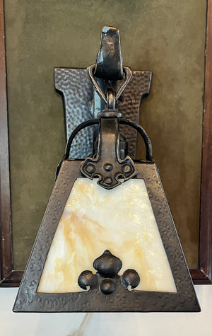 $1300 PAIR - Circa 1910 Hammered Cast Bronze Arts and Crafts Lantern Wall Sconces with Slag Glass Lantern Shades