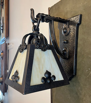 $1300 PAIR - Circa 1910 Hammered Cast Bronze Arts and Crafts Lantern Wall Sconces with Slag Glass Lantern Shades