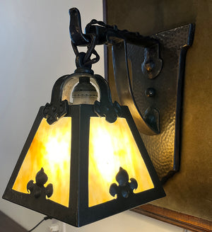 $1300 PAIR - Circa 1910 Hammered Cast Bronze Arts and Crafts Lantern Wall Sconces with Slag Glass Lantern Shades