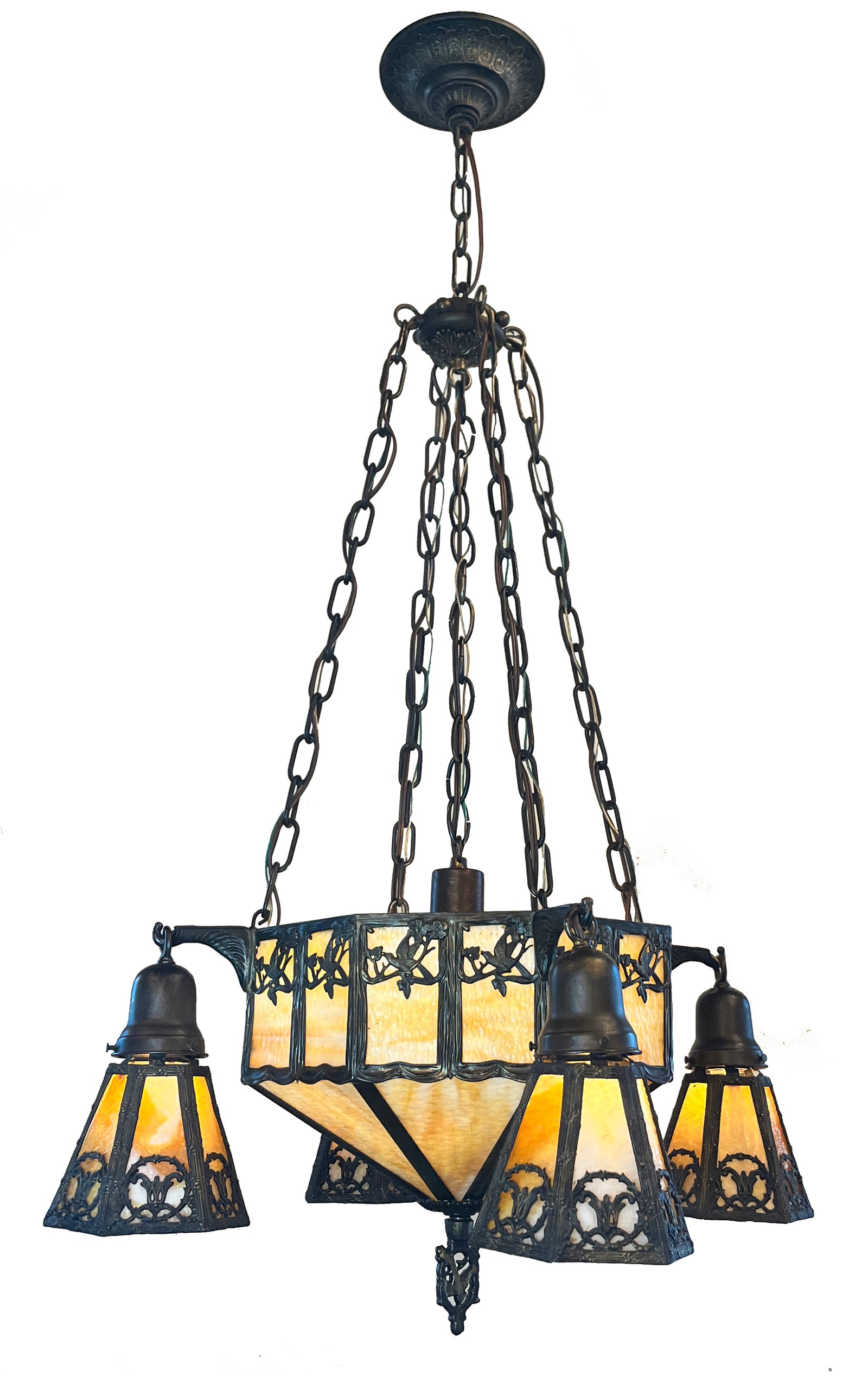 Antique Circa 1910 Arts and Crafts Four Light Chain Suspended Fixture with Hexagonal Dome Center