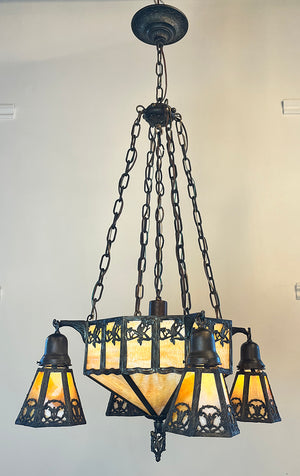 Antique Circa 1910 Arts and Crafts Four Light Chain Suspended Fixture with Butterscotch Slag Glass Center Body and Shades (Copy)