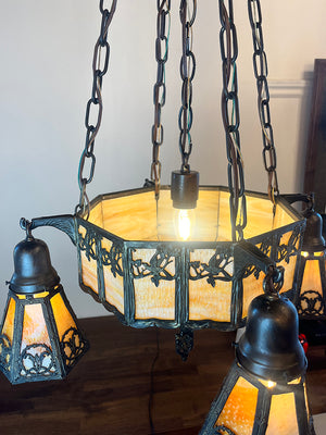 Antique Circa 1910 Arts and Crafts Four Light Chain Suspended Fixture with Butterscotch Slag Glass Center Body and Shades (Copy)